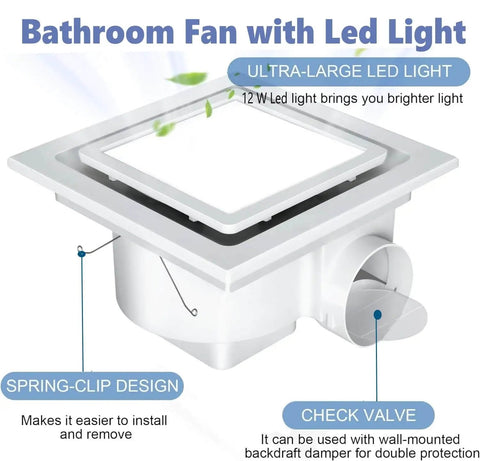 Quiet Bathroom Exhaust Fan With Light 112 CFM 1.0 Sones 6000K LED Panel Square 9.6 Inch 12W Lighting For Shower Bathroom Office Home 4 Inch Duct 110V Ceiling Mount