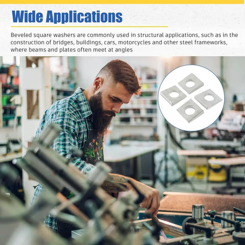 Worker in factory with highlighted image of Square Beveled Washer Set for precise leveling and secure fastening, 10 pieces.
