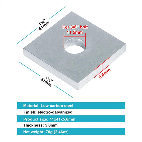 Premium 20 Pack Square Strut Washer Plates for 1-5/8 Channel with 3/8 Bolt Size, 41x41 mm, carbon steel, electrogalvanized
