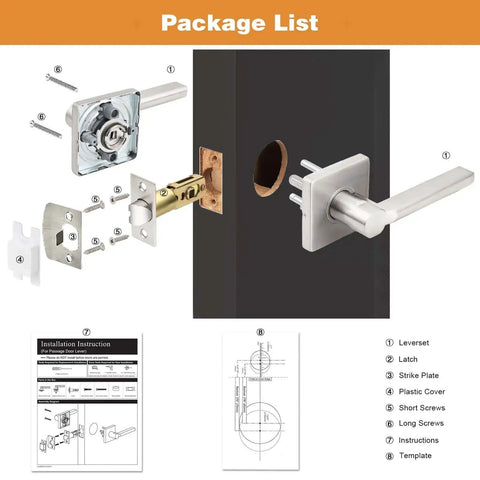 Square Passage Door Handle Set For Interior Doors Heavy Duty Reversible Lever In Satin Nickel Finish With Keyless Passage package list.