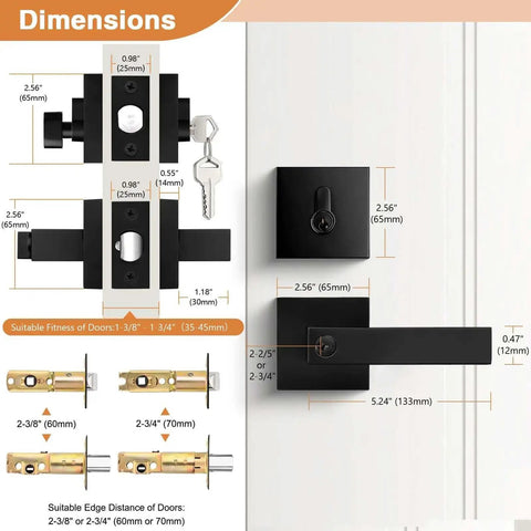 Dimensions and details of Square Entry Door Levers And Deadbolt Set, Heavy Duty, Flat Black, Keyed Alike, All 4 Locks Share Same Keys.