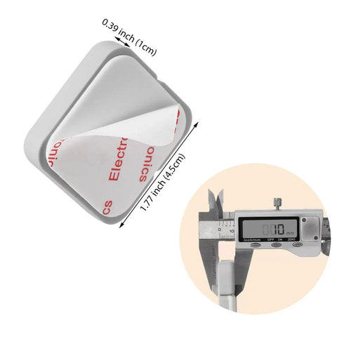 Six sturdy 1 cm thick square door stoppers with strong self adhesive pads, showing dimensions and peel-off adhesive backing.