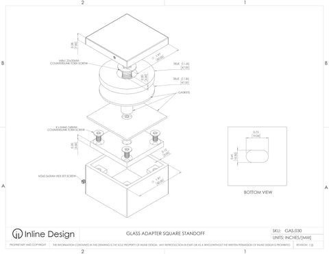 Technical diagram of Heavy Duty Satin Stainless Steel Glass Clamp Standoffs Inline Design 2 Inch For 3/8 1/2 9/16 Inch Glass Thickness Pack Of 2