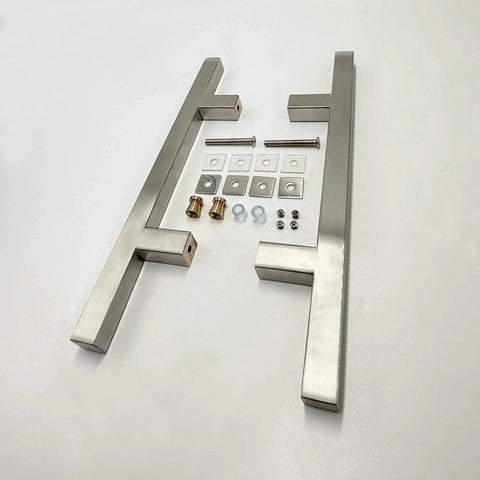 Square Ladder Pull Back to Back Handle for Frameless Shower Doors Brushed Nickel 304 Stainless Steel H Shape Tube 6 Inch Center to Center Suitable for Glass One Quarter Inch to One Half Inch Thickness Replacement Hardware with installation parts displayed against white background.