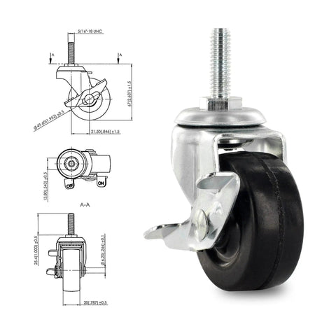 One Inch Square Metal Double Star Caster Insert with 5/16-18 Threaded Stem for 2 Inch Wheel Industrial Casters Set of Four with Brakes
