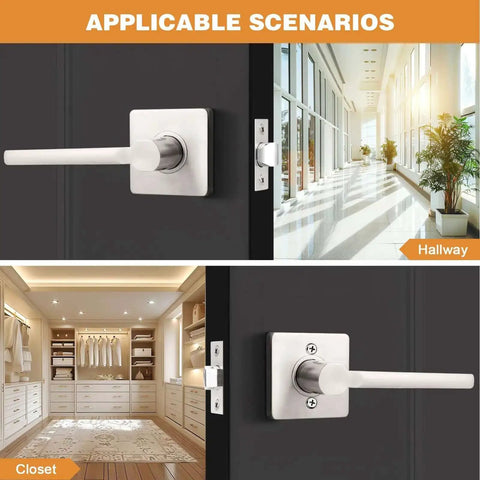 Square Passage Door Handle Set For Interior Doors Heavy Duty Reversible Lever In Satin Nickel Finish with hallway and closet view