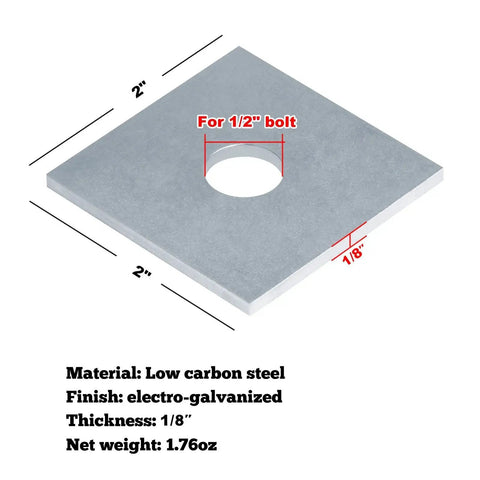 Sturdy 12-piece square plate washers with a 1/2 inch ID, 2x2 inch size, low carbon steel, electro-galvanized finish, for bolt connections.