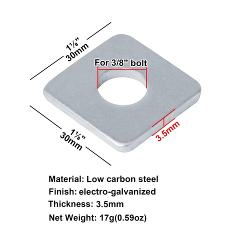 Square Plate Washers for 3/8 inch bolts, 1-1/8 inch square, 3.5 mm thick, electrogalvanized steel, close-up view with dimensions.