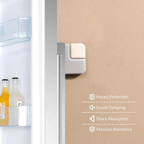 Six sturdy 1 cm thick square door stoppers with strong self adhesive pads installed on wall near cabinet