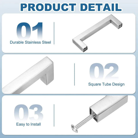 Two Pack Silver 5.5 Inch Square Cabinet Pulls Stainless Steel Drawer Handles product details showing material and design