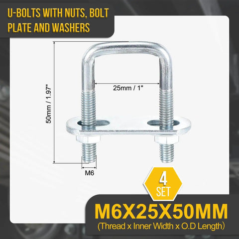 M6x25x50mm Square U Bolts Kit Four Sets Carbon Steel Galvanized With Nuts Washers Frame Plate for Pipe Trailer Automotive