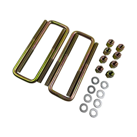 Corrosion resistant square U bolts with hardware provide secure leaf spring mounting, 8.75 inch long, 2.5 inch wide, 9/16 inch diameter, includes nuts and washers, ideal replacement for 1988-2019 Chevy Silverado 1500 and GMC Sierra 1500