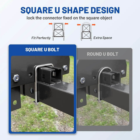 Square U Bolts Kit With Frame Plates And Nuts Stainless Steel U Clamp Bolts for Wood Boats Trailers Tubes Industrial Use Three Eighths Inch By Four Inch By Seven Inch Thread installed on a rail.