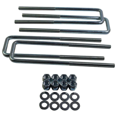 Extended square U bolt kit for 2.5 inch wide leaf springs with a 12.5 inch length and 9/16 inch bolts, set of four with nuts and washers.