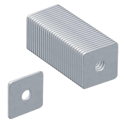 30 Pack Square Washer Plates in carbon steel deliver even load distribution around 3/8 bolt holes, shown stacked with one separate piece