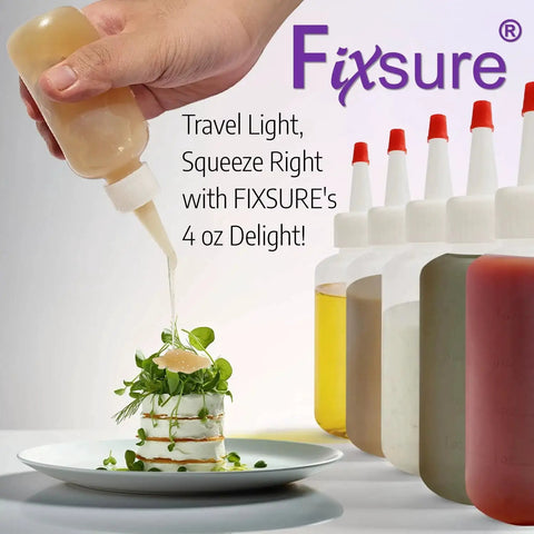12 Pack 4 Oz Squeeze Bottles With Red Tip Caps For Ketchup BBQ Sauces Syrup Condiments Oil Pancake Decorating Dressings Travel Camping Lab Arts And Crafts Leakproof Pouring With Secure Yorker Cap And Gasket For Mess Free Use in use as a salad dressing is poured from a squeezable container onto a gourmet dish.