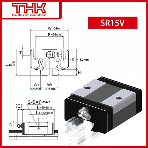 Diagram and image of SR15 THK Linear Block for SR15V Linear Motion Slider Rail Guide with measurements