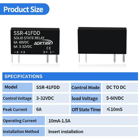 Side view of Mini Slim DC Solid State Relay 1A For Development Boards Like ESP32 Raspberry Pi Arduino E-Bike Input 3-32V DC Output 5-60V DC Optocoupler Isolation Non-Contact Fast Response Low Noise No Heatsink Required