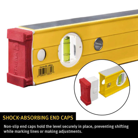 Stabila Type 96M Magnetic Level side view showing yellow aluminum body, red end caps, and clear vials for precise layout.