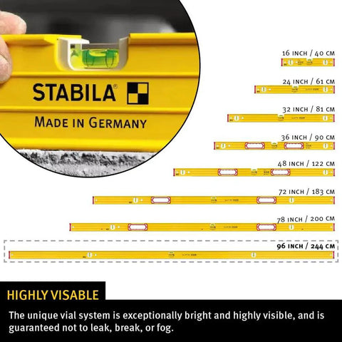 Close-up of Stabila Type 96M Magnetic Level showing clear vial and measurements, highlighting its 96-inch professional accuracy.