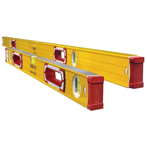 Stabila Jamber 78-Inch and 32-Inch Aluminum Box Beam Level Set shown together with yellow exterior and red end caps