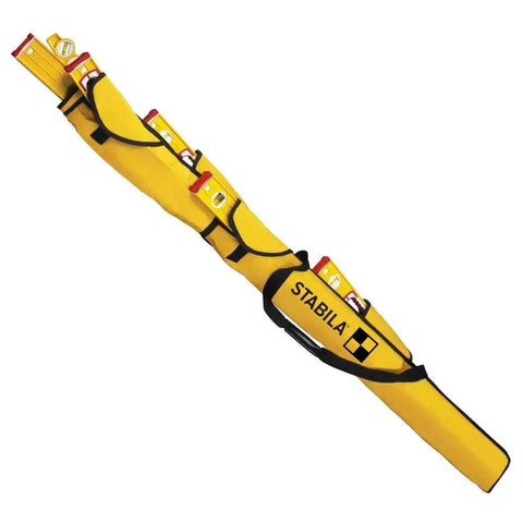 Stabila Jamber Level Case provides secure single-carry transport and organized storage for six level sizes, shown with levels inserted.