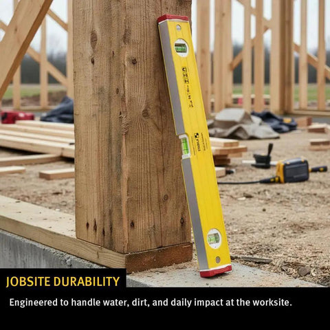 Stabila Type 96M Magnetic Level 16 Inch Professional Builder Tool leaning against wooden post at construction site
