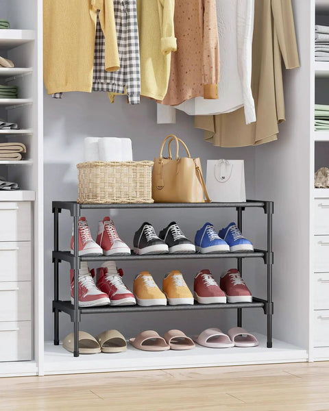 Effortlessly organize shoes with a 3-tier non-woven rack that fits closets, entryways, garages and hallways, stackable, dust-free shelves