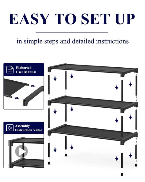 Effortlessly organize shoes with a 3-tier non-woven rack, easy setup with illustrated guide, durable metal tubes, plastic frames.
