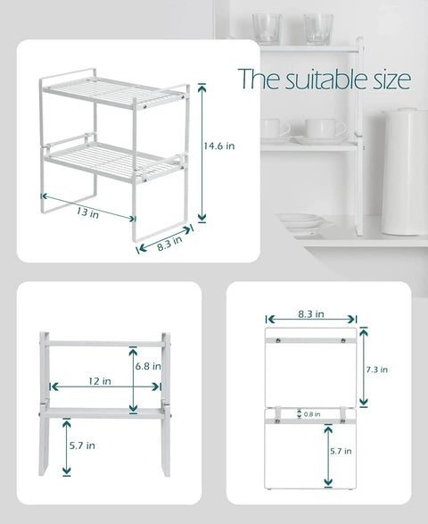 Two Pack Steel Frame Stackable Cabinet Shelf Organizer Racks For Kitchen Pantry Bathroom Bedroom And Office Space Saving Counter Desk Storage Rust Resistant Non Slip White Ideal For Cabinets And Drawers Versatile Home Organization In White Finish with dimensions.
