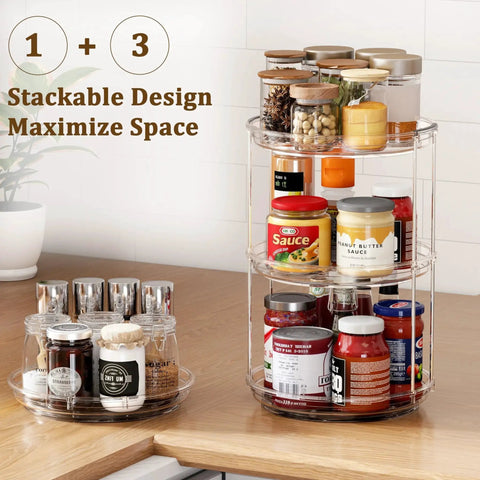Stacked 2 Pack Double Layer Lazy Susan Turntable Organizer 9.25 Inch Rotating Spice Rack with various jars on a wooden countertop.