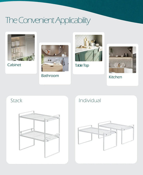 Two Pack Steel Frame Stackable Cabinet Shelf Organizer Racks For Kitchen Pantry Bathroom Bedroom And Office Space Saving Counter Desk Storage Rust Resistant Non Slip White Ideal For Cabinets And Drawers Versatile Home Organization In White Finish, showcasing stack and individual configurations.