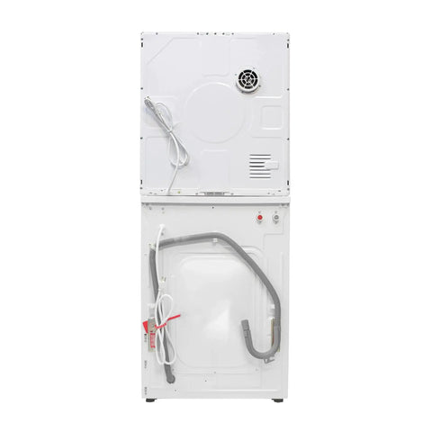 Back view of compact, stackable washer and vented dryer set delivering reliable 15 lb washing and 3.5 cu ft drying with 110V power.