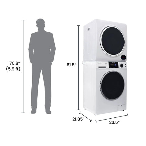 Compact, stackable washer and vented dryer set deliver reliable 15 lb washing and 3.5 cu ft drying with 110V power, shown with dimensions