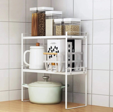 Two Pack Steel Frame Stackable Cabinet Shelf Organizer Racks For Kitchen Pantry Bathroom Bedroom And Office Space Saving Counter Desk Storage Rust Resistant Non Slip White Ideal For Cabinets And Drawers Versatile Home Organization In White Finish with kitchen items.