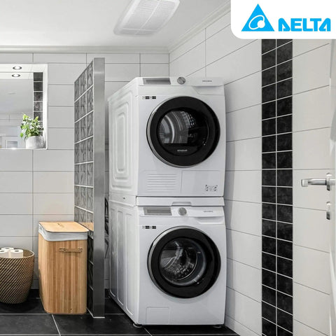 Laundry room featuring Delta Breez Radiance 80 CFM Exhaust Bathroom Fan With Quiet Operation And Built In Thermostat Heater installed on ceiling.