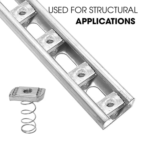 Stainless steel 3/8-16 standard strut channel nuts with a thickened spring installed in a slotted metal channel for structural applications.