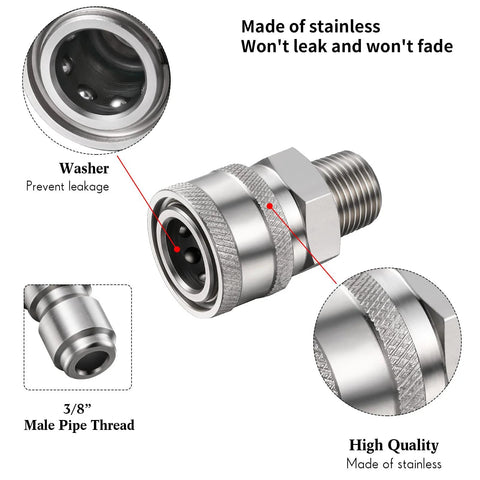 Quick-connect pressure washer adapter, stainless steel, 3/8 in NPT, male and female, 2-pack kit