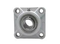 Front view of 1-7/16 in set-screw 4-bolt flange bearing with white polymer insert, stainless steel housing, locking set screw, single unit.