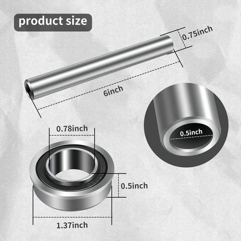 Two Kits Stainless Steel Front Wheel Axle And Bearing Conversion OEM Upgrade For 6 Inch Wheel Sleeves Fits Z Series And RZ Series Lawn Mowers With Beefed Up Rust Resistant Alloy Steel Build, showing axle and bearing dimensions.
