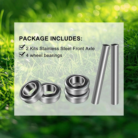 Package showing Two Stainless Steel Front Axle And Bearing Conversion Kits for Z Series Zero Turn Mowers with 6 inch wheel sleeves.