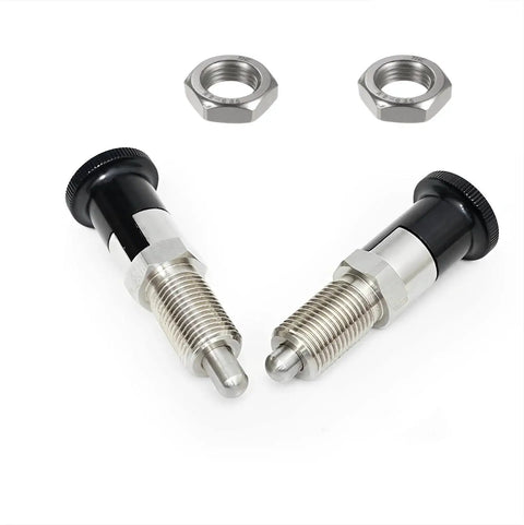 Two Pack Push Fit Ball Nose Spring Plungers Stainless Steel Retractable Indexing Pins With M12 By 1.5 Threads on white background
