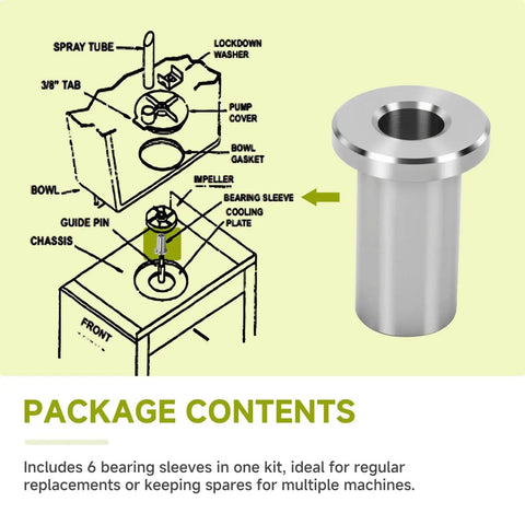 Illustration and photo of Six Pack 3220 Bearing Sleeves for Grindmaster Crathco Beverage Dispensers, stainless steel part next to diagram