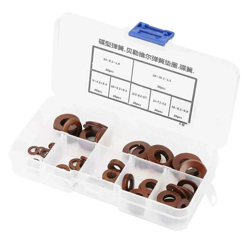 Box of mixed stainless steel Belleville disc springs for heavy loads and shock absorption in assorted sizes.