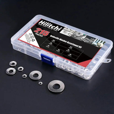 M3 To M12 304 Stainless Belleville Spring Washer Assortment Kit With 7 Sizes in plastic case, washers displayed