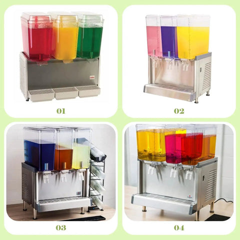 Commercial beverage dispensers showcasing multicolor juices in clear containers with stainless steel bases, ideal for high-volume settings.