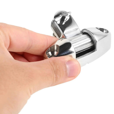 Close-up of marine-grade stainless steel rotating deck sunblind hinge with slide pin (70mm) for boat bimini top.