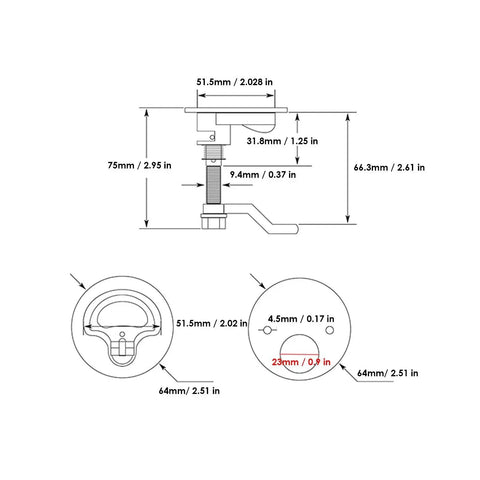 OPPWONG marine-grade 316 stainless boat cam latch with red indicator and back plate; view shows 1/2–1 in door thickness.