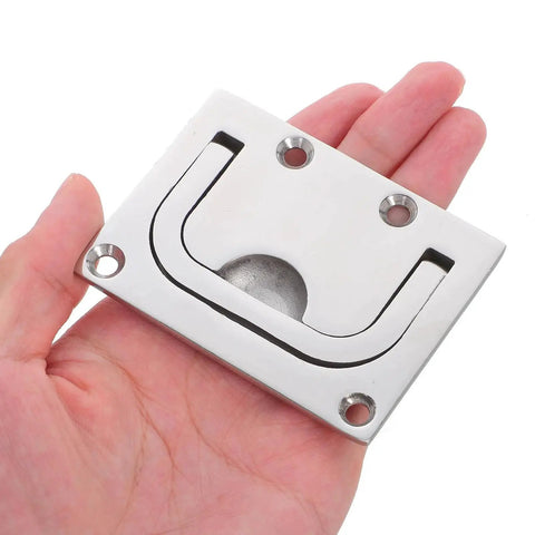 Stainless steel boat hatch flush handle plate with four screw holes and U-shaped pull slot