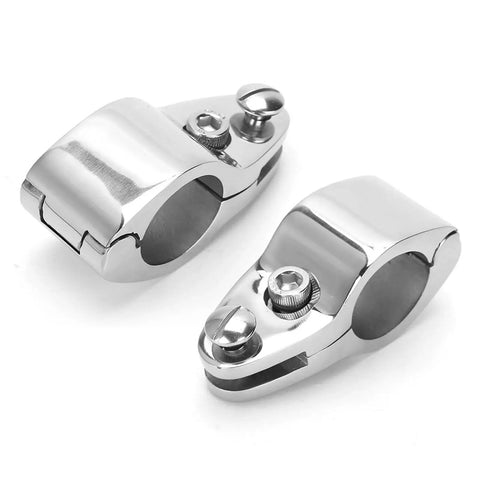 Two stainless steel hinged upper jaw slide clamps for 32mm boat rail fittings